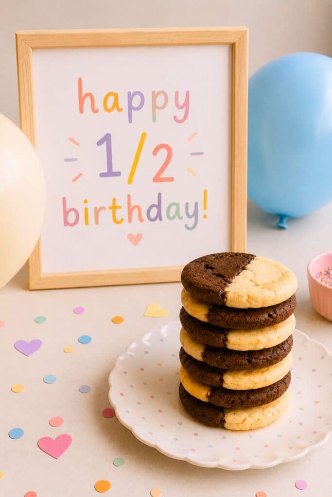 Half birthday dessert table with stacked half chocolate half vanilla cookies, pastel confetti, balloons, and a colorful “Happy 1/2 Birthday” sign for a cute six month celebration idea.