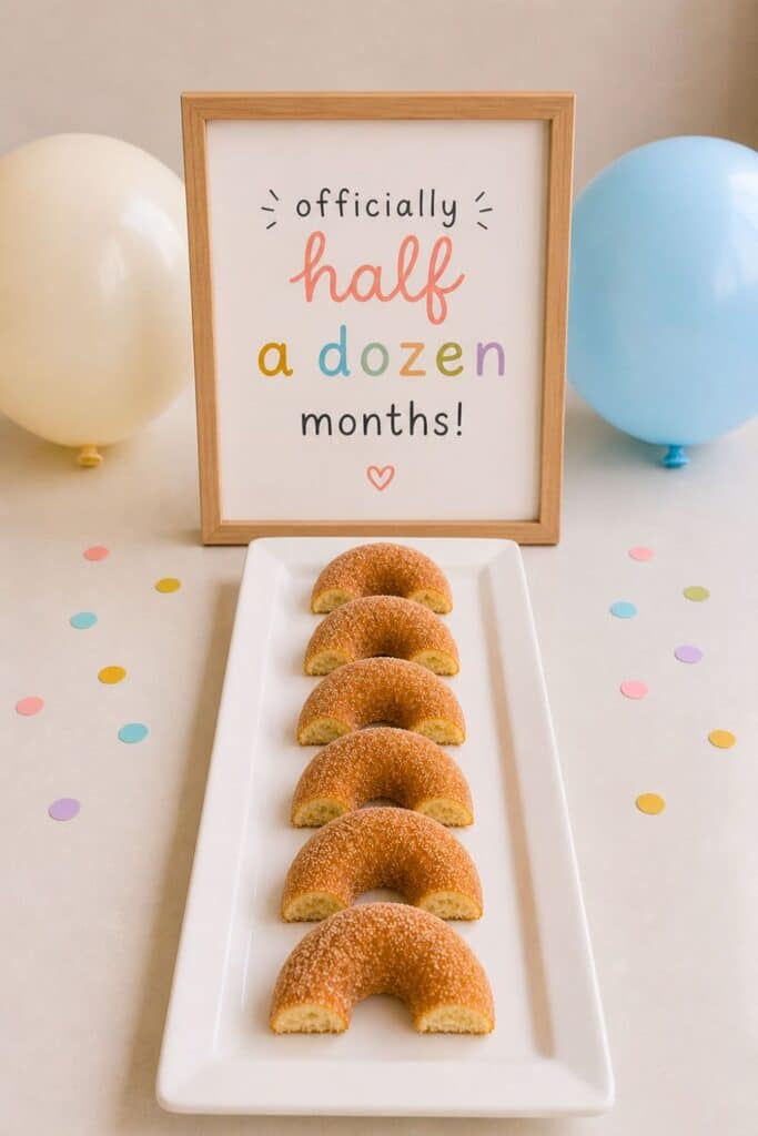 Half birthday donut idea with six mini powdered donuts arranged on a tray and a pastel “officially half a dozen months” sign for a cute and simple six month birthday celebration.