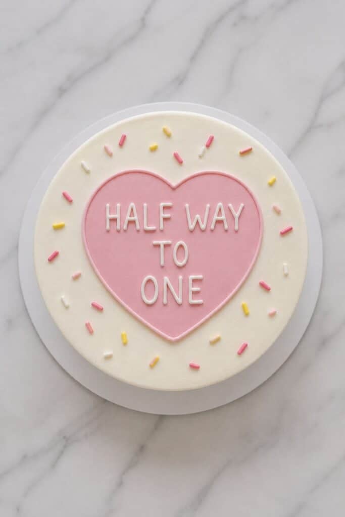 Simple pink and white “Half Way to One” heart cake with sprinkles for a cute and minimal half birthday cake idea.