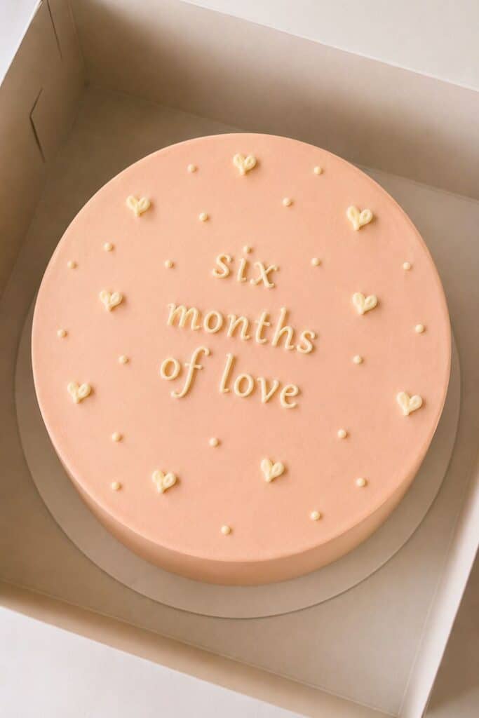 Soft pink minimalist half birthday cake with “six months of love” lettering and tiny heart details for a simple 6 month cake idea.