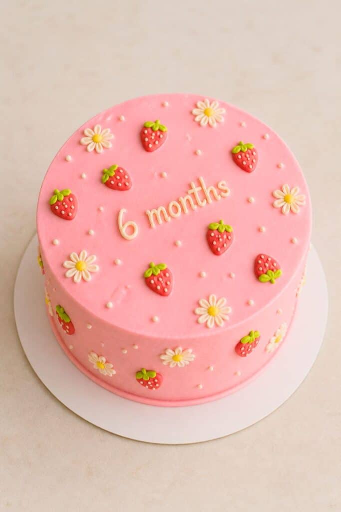 Pink strawberry and daisy half birthday cake with “6 months” lettering for a sweet spring-inspired 6 month birthday cake idea.