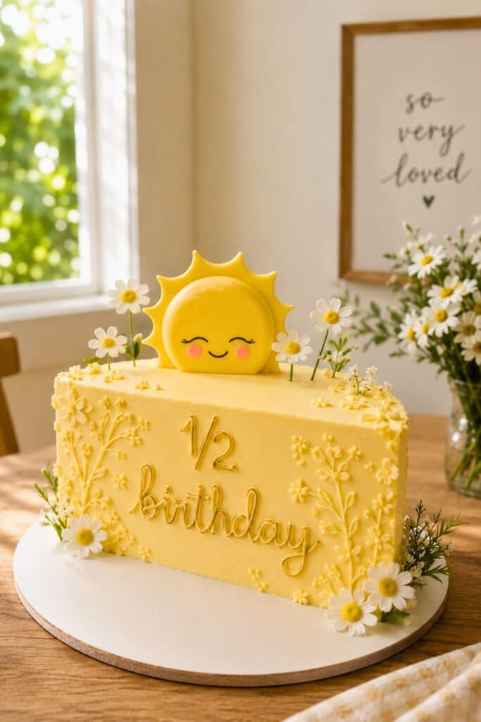 Sunny yellow half birthday cake with daisy details and smiling sun topper for a cheerful “halfway to one” cake idea.