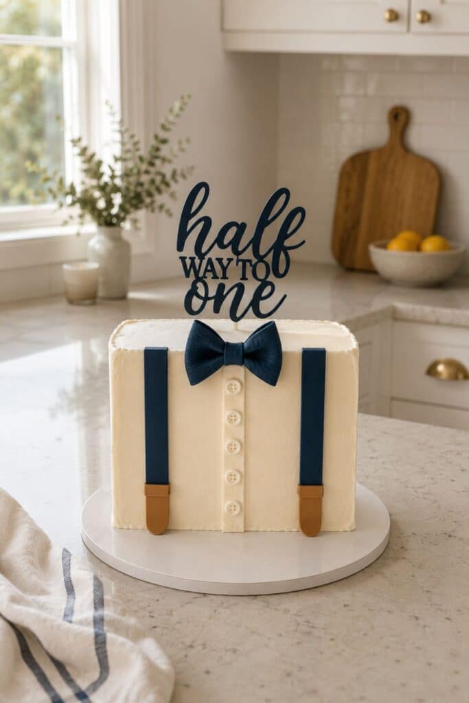 Blue and white “Half Way to One” half birthday cake with suspenders and bow tie design for a baby boy’s 6 month celebration.