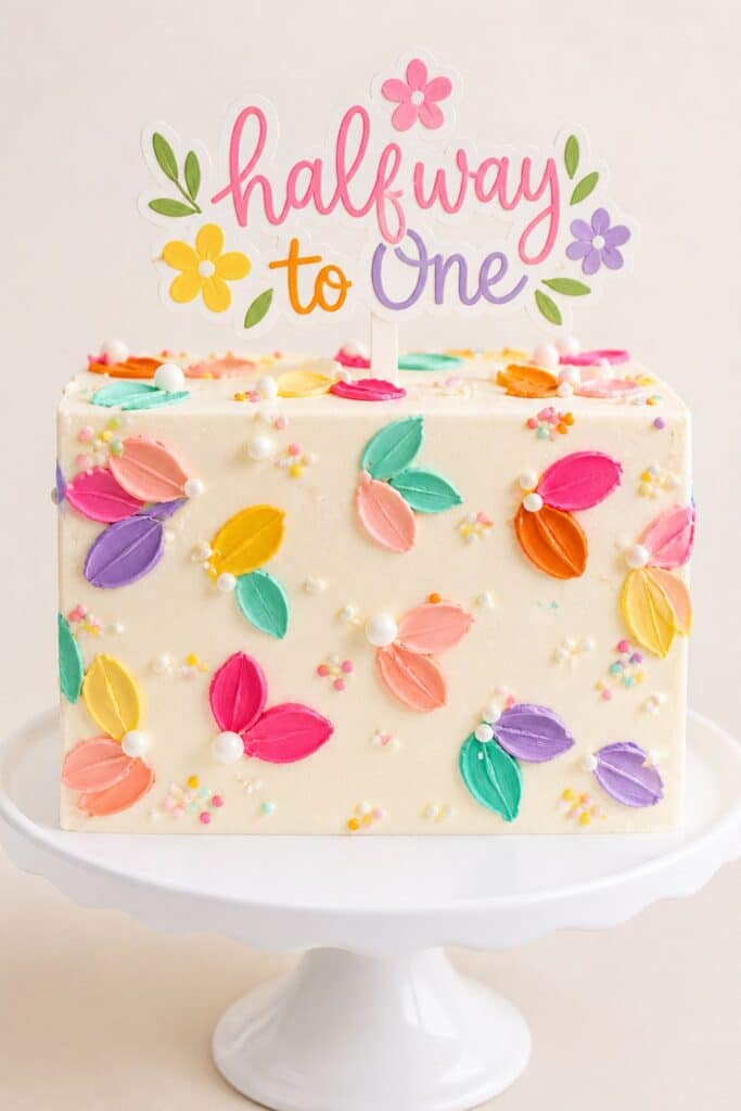 Bright floral “Halfway to One” half birthday cake with colorful buttercream flowers and sprinkles for a cute spring or summer 6 month birthday party.