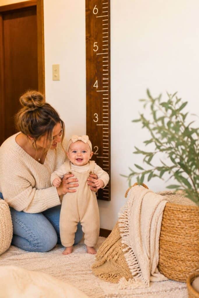 Cozy 6 month baby girl milestone photo with wooden growth chart, neutral half birthday picture ideas, simple baby milestone photos for girls, 6 month old photo inspiration at home