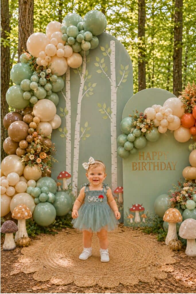 Woodland first birthday party setup with green balloon garlands, mushroom decorations, birch tree backdrop, and baby girl in a blue one dress.
