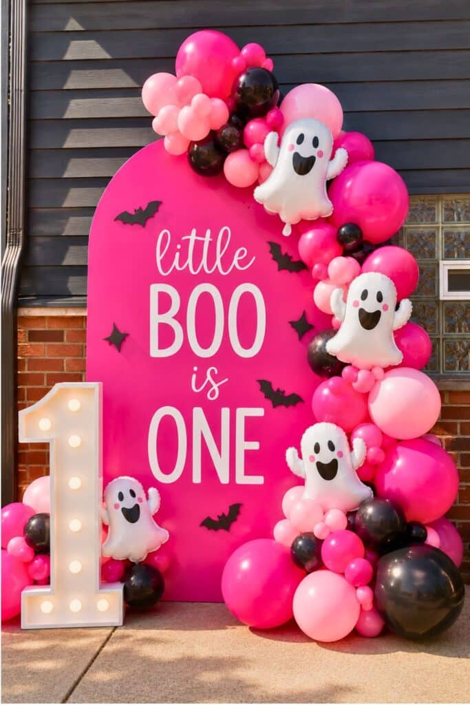 Little Boo Is One Halloween first birthday backdrop with pink balloons, friendly ghost decorations, bats, and light-up number one.