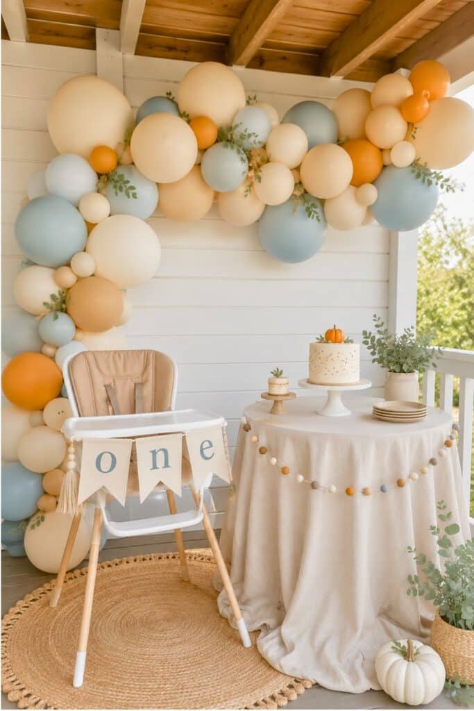 Neutral fall first birthday party setup with cream, blue, and orange balloon garland, high chair banner, white pumpkin, and simple cake table.