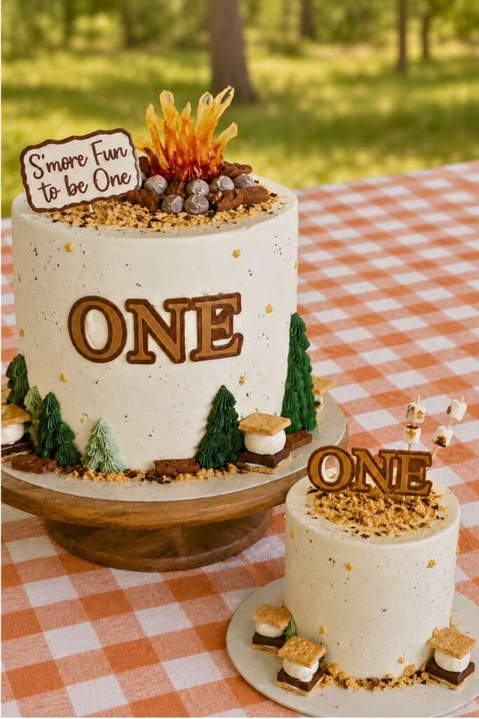 S’more Fun to Be One birthday cake and smash cake with campfire decorations, s’mores details, and orange gingham tablecloth.
