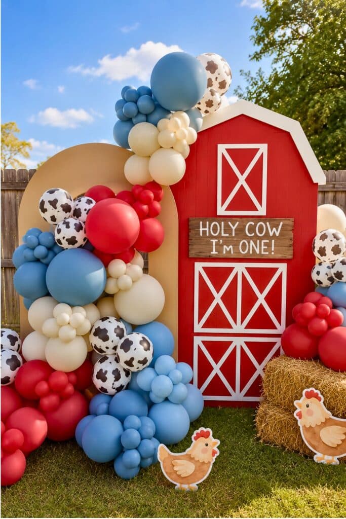 Holy Cow I’m One first birthday party backdrop with red barn, cow print balloons, hay bales, and farm animal decorations.