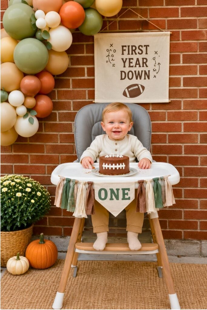 First Year Down football first birthday cake smash setup with baby boy in a high chair, football cake, fall balloon garland, pumpkins, and brick wall backdrop.