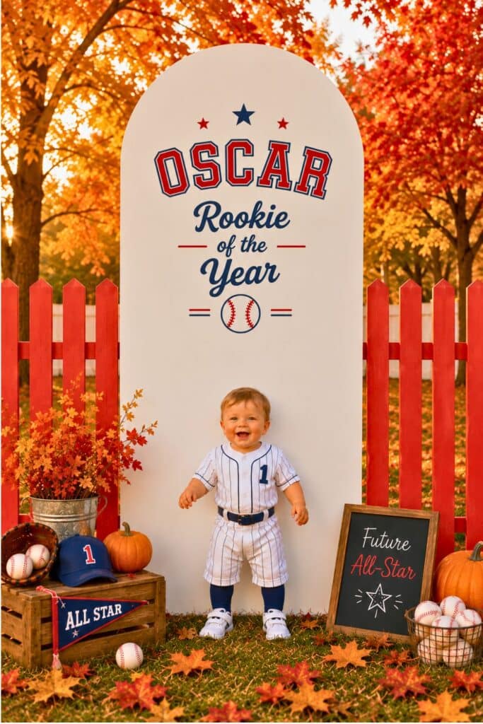 Rookie of the Year baseball first birthday setup with baby boy in a striped baseball outfit, fall leaves, red fence, pumpkins, baseball props, and personalized Oscar backdrop.