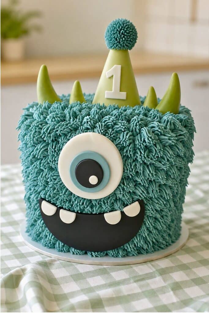 Little Monster first birthday cake with teal shaggy frosting, one large eye, green horns, a party hat with the number one, and a smiling monster face on a green gingham tablecloth.