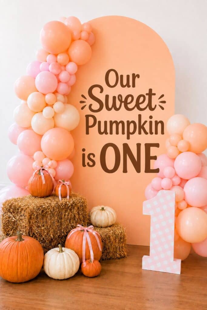 Our Sweet Pumpkin is One first birthday backdrop with peach and pink balloon garlands, hay bales, pumpkins, and pink gingham number one.