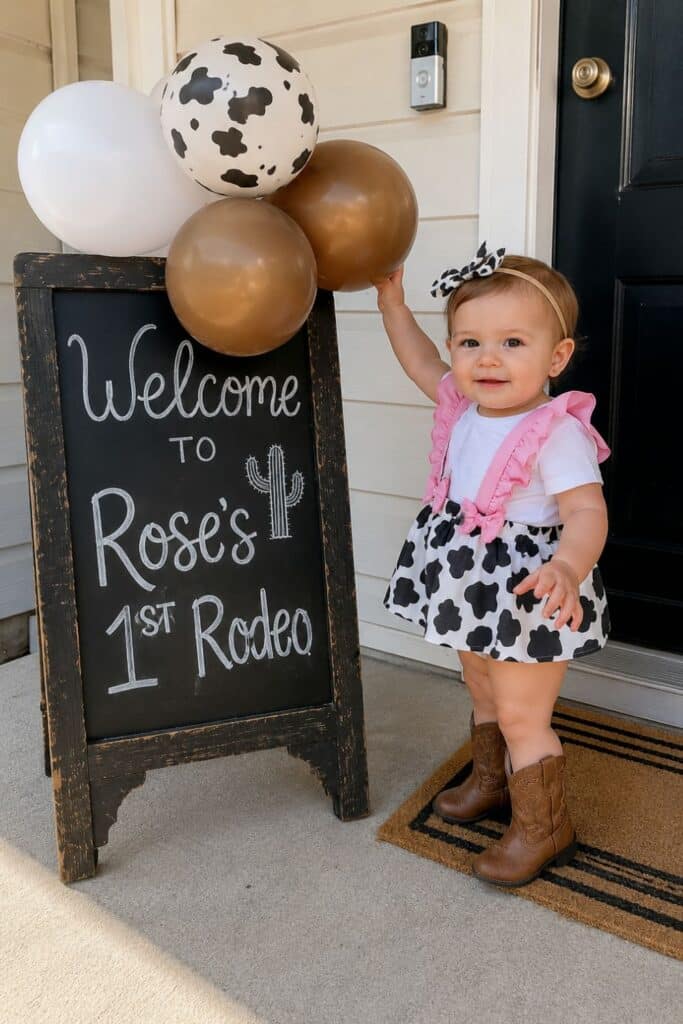 First Rodeo first birthday party backdrop with tan arch, blue and orange balloon garland, cactus decoration, hay bale, and pumpkins.
