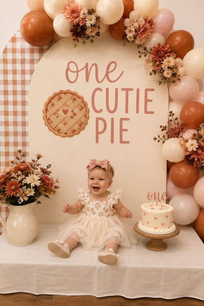 One Cutie Pie first birthday setup with baby girl in a floral dress, fall balloon garland, pie backdrop, birthday cake, and warm autumn flowers.