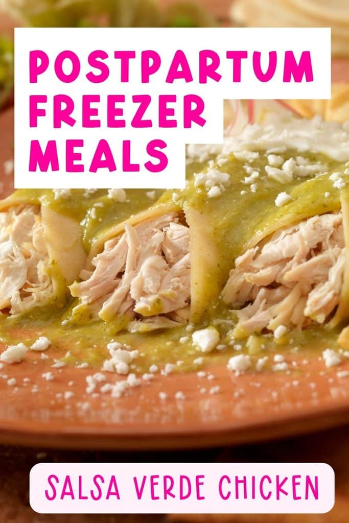 Salsa Verde Chicken: Shredded salsa verde chicken, a dump-and-go crockpot freezer meal for new moms