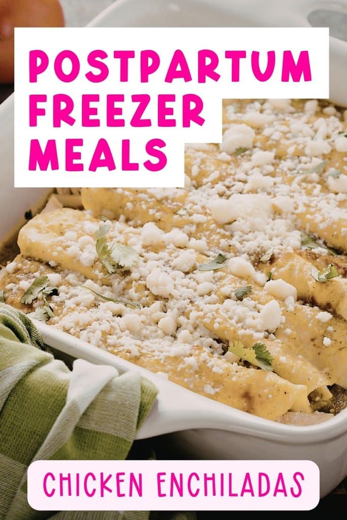 Chicken Enchiladas: Chicken enchiladas in a freezer-safe pan topped with sauce and cheese