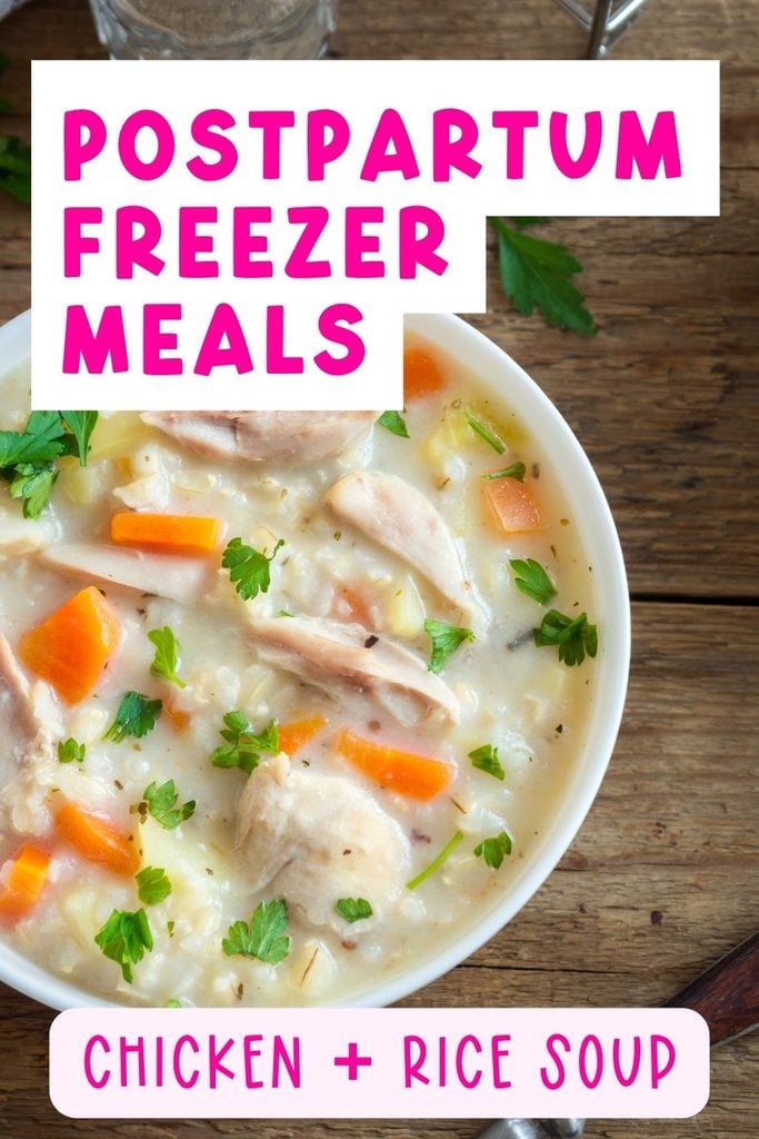 Chicken and Rice Soup: Chicken and rice soup with carrots and celery portioned into a bowl
